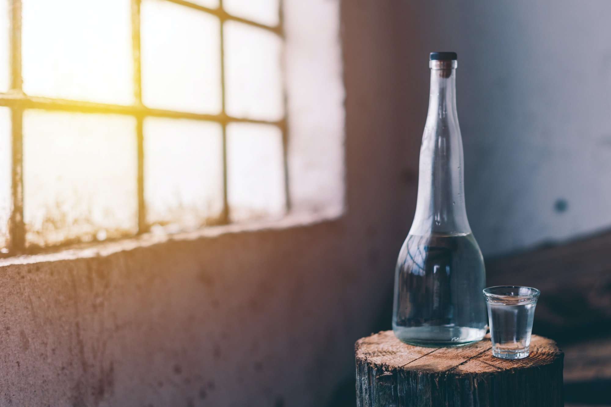 Strong alcohol drink in bottle with shot glass